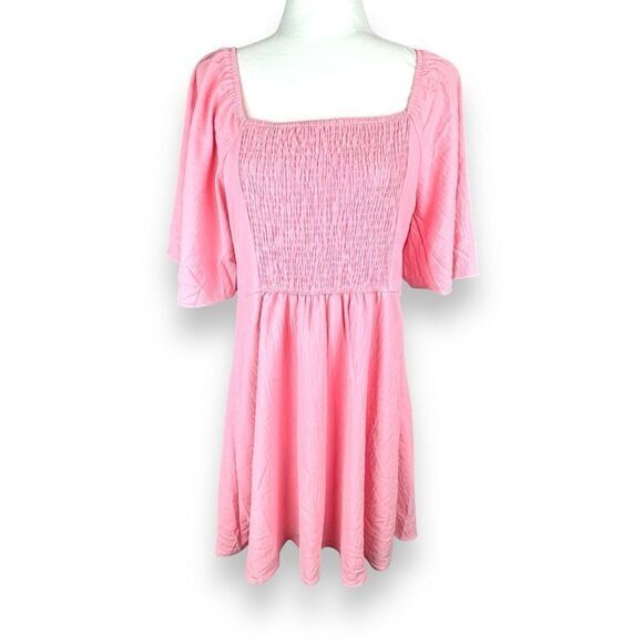 Smocked Pink Babydoll Dress Womens Size XL‎ Flutter Flowy Coquette Dollette - Picture 2 of 11